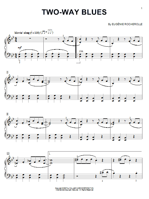 Learn to play Eugenie Rocherolle Two-Way Blues sheet music for Piano in minutes. Eugenie Rocherolle Two-Way Blues sheet music preview music notes and score for Piano including 2 page(s)