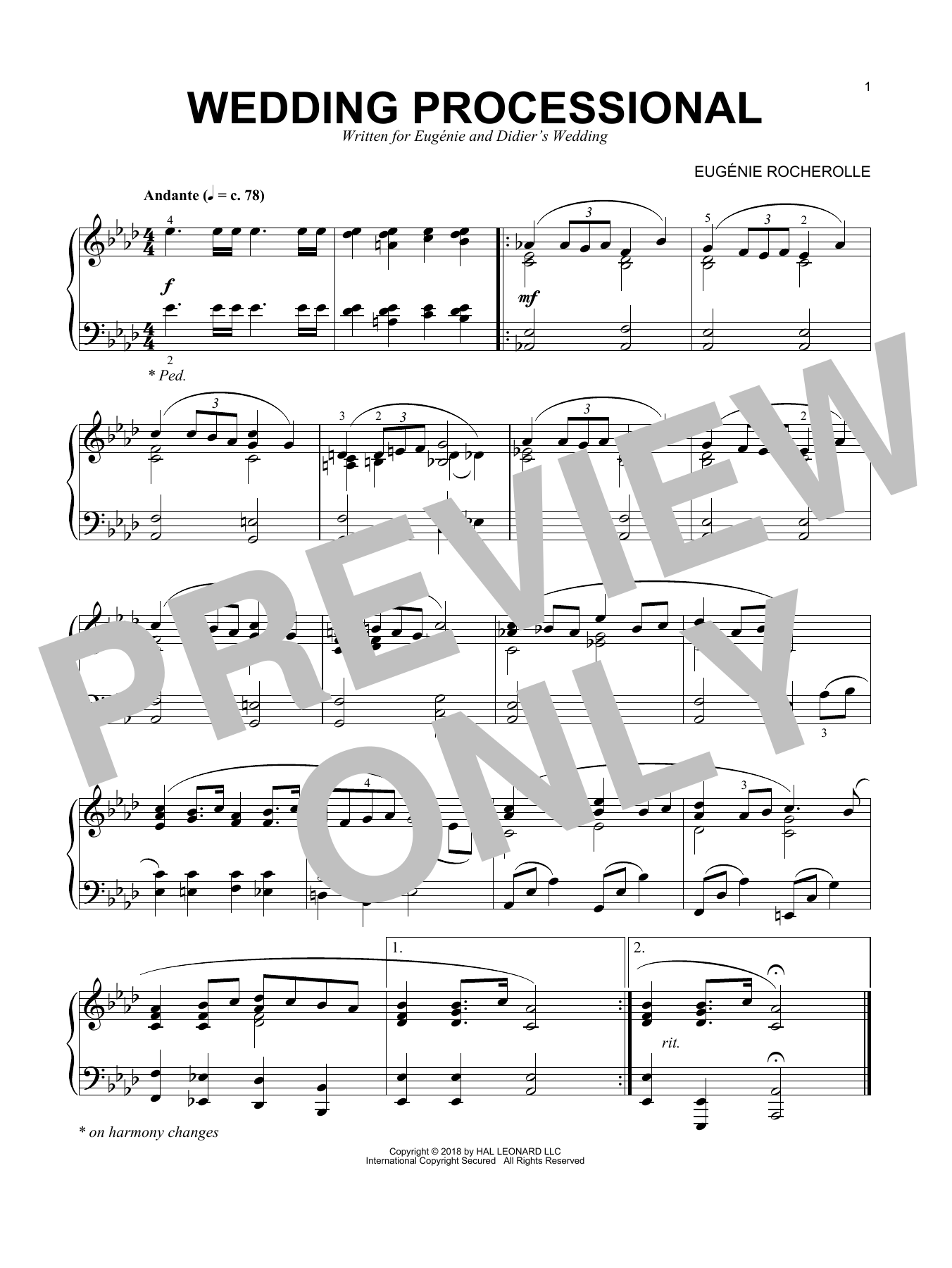 Learn to play Eugenie Rocherolle Wedding Processional sheet music for Piano in minutes. Eugenie Rocherolle Wedding Processional sheet music preview music notes and score for Piano including 1 page(s)