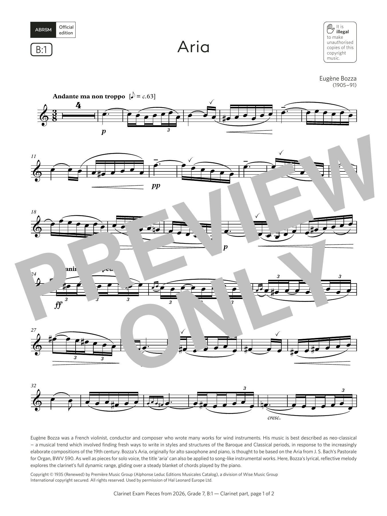 Eugène Bozza Aria (Grade 7, list B1, from the ABRSM Clarinet Syllabus from 2026) sheet music, chords, lyrics - Printable PDF for Clarinet Solo