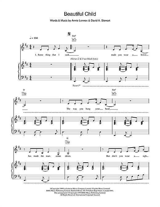 Learn to play Eurythmics Beautiful Child sheet music for Piano, Vocal & Guitar in minutes. Eurythmics Beautiful Child sheet music notes and chords