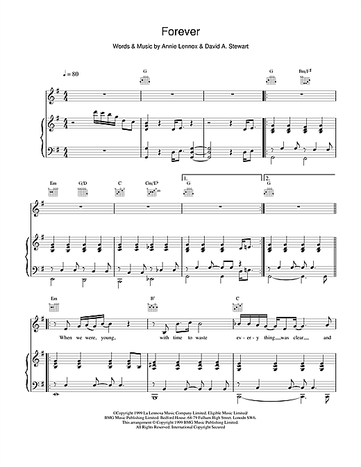 Learn to play Eurythmics Forever sheet music for Piano, Vocal & Guitar in minutes. Eurythmics Forever sheet music notes and chords