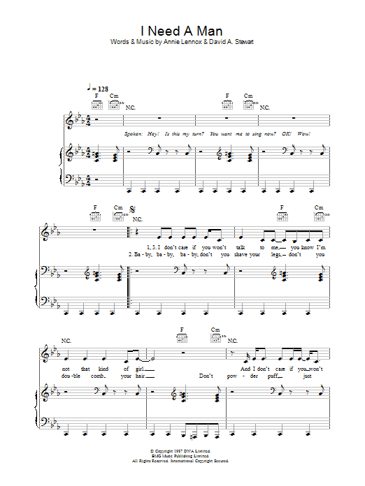 Learn to play Eurythmics I Need A Man sheet music for Piano, Vocal & Guitar in minutes. Eurythmics I Need A Man sheet music preview music notes and score for Piano, Vocal & Guitar including 5 page(s)