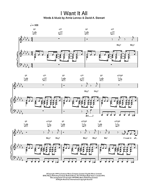 Learn to play Eurythmics I Want It All sheet music for Piano, Vocal & Guitar in minutes. Eurythmics I Want It All sheet music notes and chords