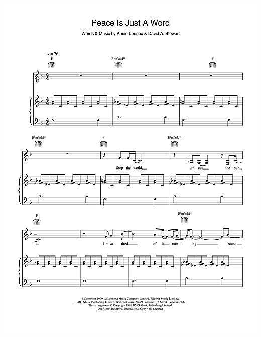 Learn to play Eurythmics Peace Is Just A Word sheet music for Piano, Vocal & Guitar in minutes. Eurythmics Peace Is Just A Word sheet music notes and chords