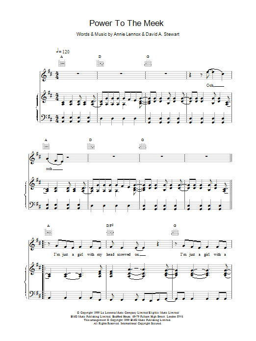 Eurythmics Power To The Meek sheet music preview music notes and score for Piano, Vocal & Guitar including 5 page(s)