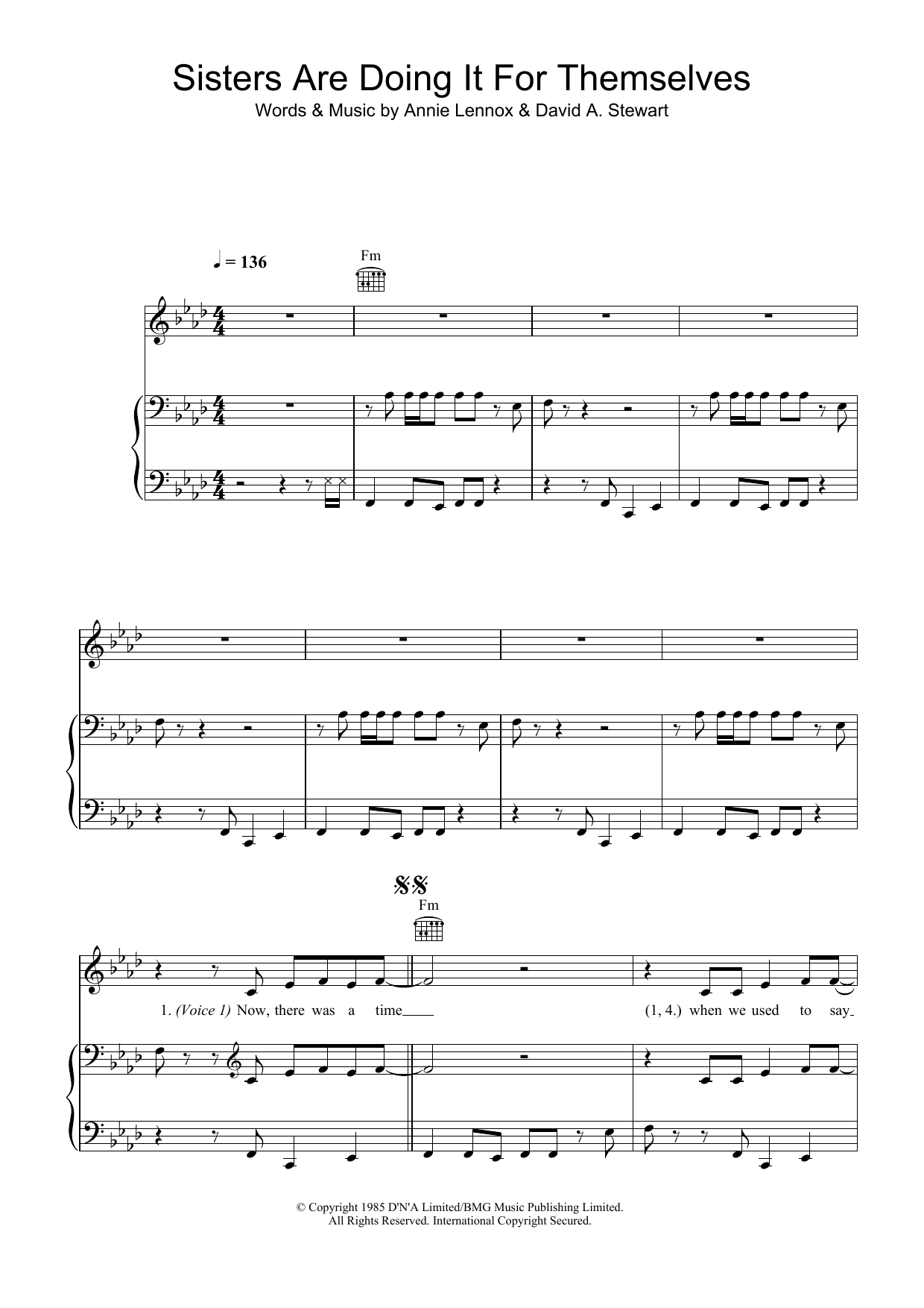 Eurythmics Sisters Are Doing It For Themselves sheet music preview music notes and score for Piano, Vocal & Guitar (Right-Hand Melody) including 6 page(s)