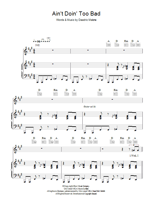 Learn to play Eva Cassidy Ain't Doin' Too Bad sheet music for Piano, Vocal & Guitar in minutes. Eva Cassidy Ain't Doin' Too Bad sheet music preview music notes and score for Piano, Vocal & Guitar including 5 page(s)