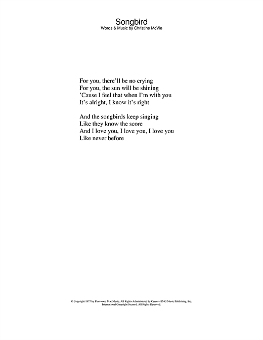 Learn to play Eva Cassidy/Fleetwood Mac Songbird sheet music for Lyrics Only in minutes. Eva Cassidy/Fleetwood Mac Songbird sheet music notes and chords