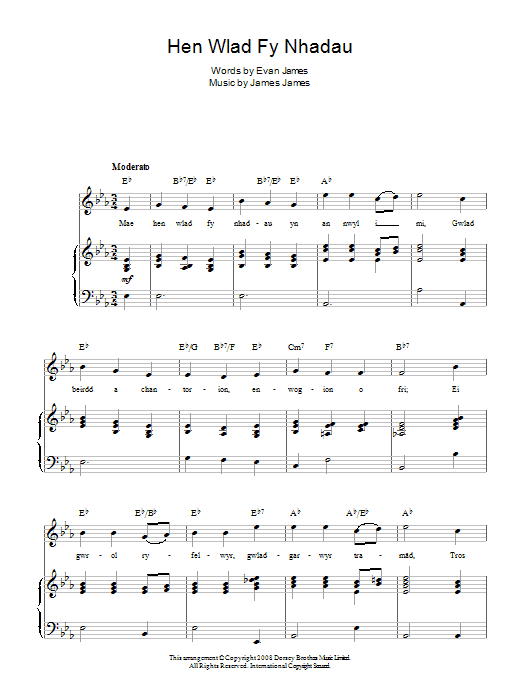 Learn to play Evan James Hen Wlad Fy Nhadau (Welsh National Anthem) sheet music for Piano, Vocal & Guitar (Right-Hand Melody) in minutes. Evan James Hen Wlad Fy Nhadau (Welsh National Anthem) sheet music preview music notes and score for Piano, Vocal & Guitar (Right-Hand Melody) including 2 page(s)