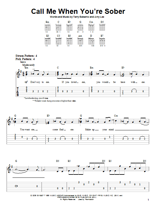 Evanescence Call Me When You're Sober sheet music preview music notes and score for Guitar Tab including 6 page(s)