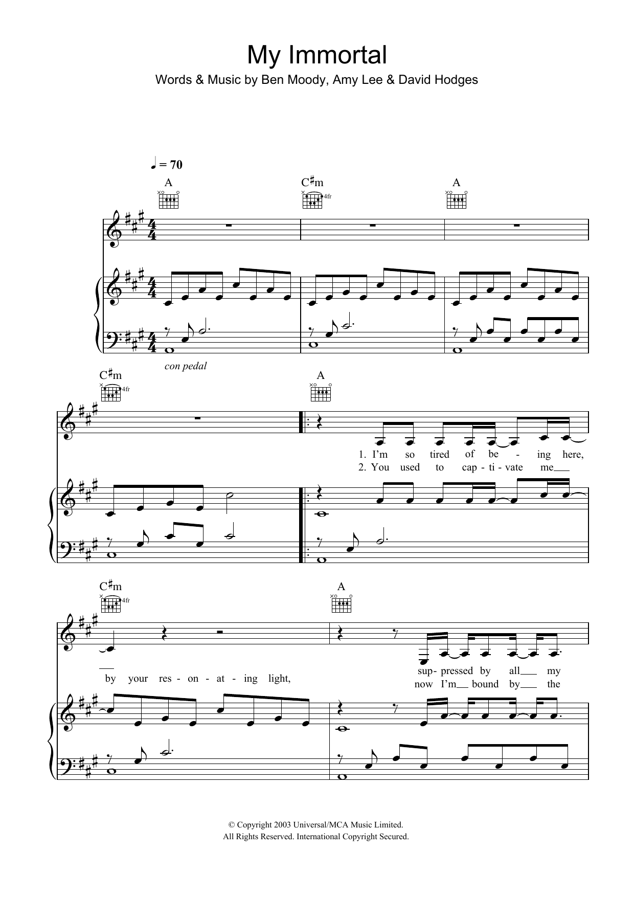 Evanescence My Immortal sheet music preview music notes and score for Piano, Vocal & Guitar (Right-Hand Melody) including 5 page(s)