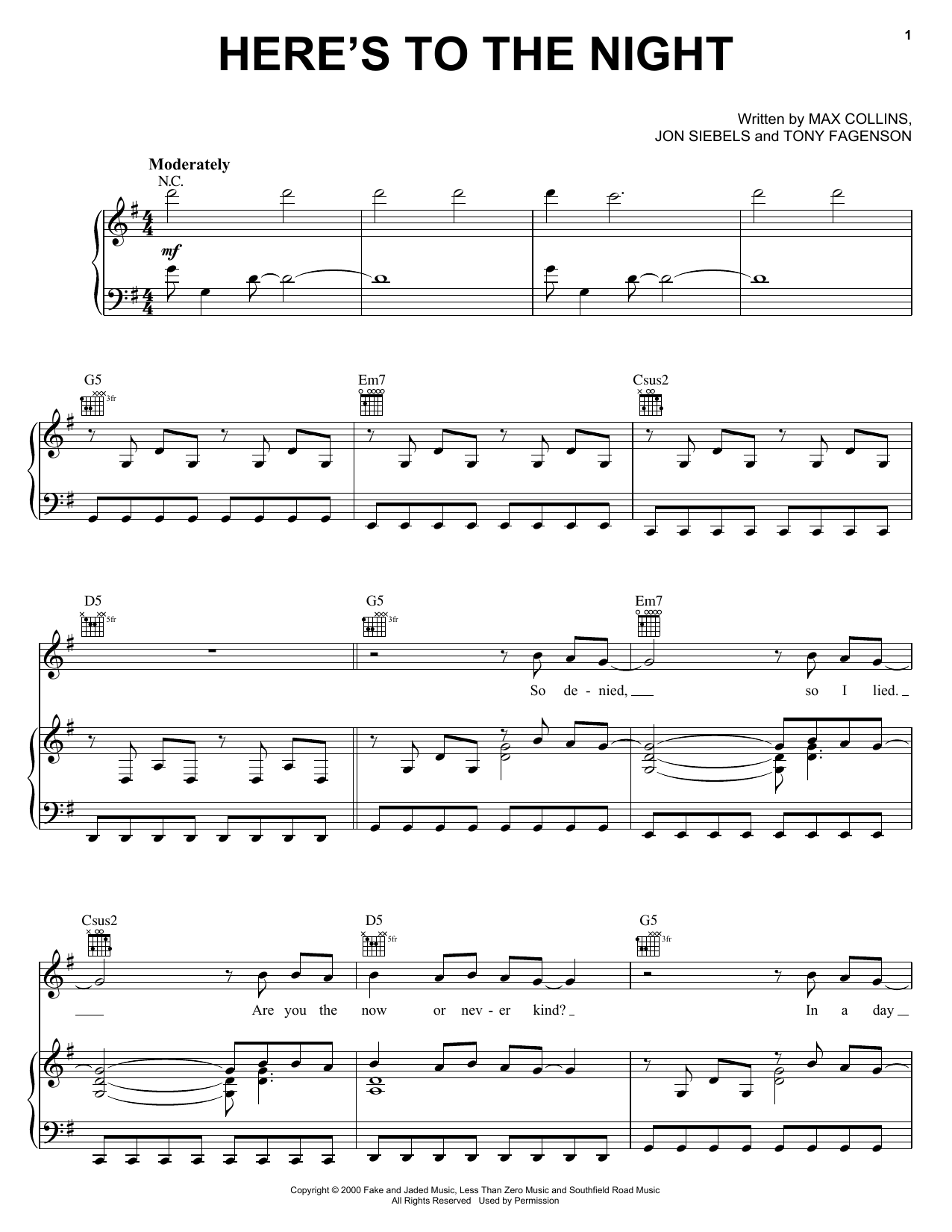 Learn to play Eve 6 Here's To The Night sheet music for Piano, Vocal & Guitar (Right-Hand Melody) in minutes. Eve 6 Here's To The Night sheet music preview music notes and score for Piano, Vocal & Guitar (Right-Hand Melody) including 6 page(s)