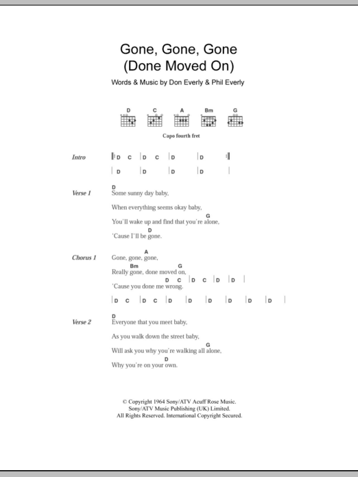 The Everly Brothers Gone, Gone, Gone (Done Moved On) sheet music, chords, lyrics - Printable PDF for Lyrics & Chords