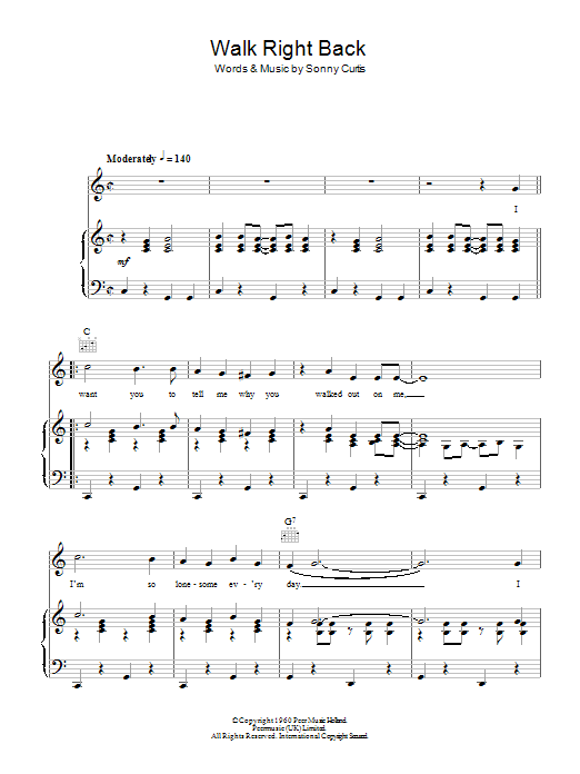 Learn to play The Everly Brothers Walk Right Back sheet music for Piano, Vocal & Guitar (Right-Hand Melody) in minutes. The Everly Brothers Walk Right Back sheet music preview music notes and score for Piano, Vocal & Guitar (Right-Hand Melody) including 3 page(s)