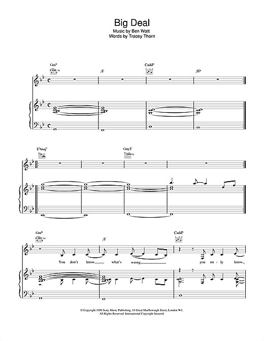 Learn to play Everything But The Girl Big Deal sheet music for Piano, Vocal & Guitar (Right-Hand Melody) in minutes. Everything But The Girl Big Deal sheet music notes and chords