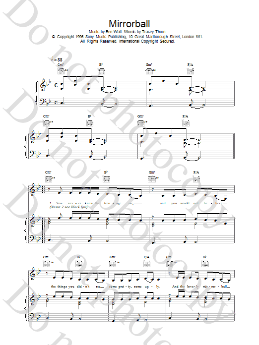 Everything But The Girl Mirrorball sheet music preview music notes and score for Piano, Vocal & Guitar (Right-Hand Melody) including 4 page(s)