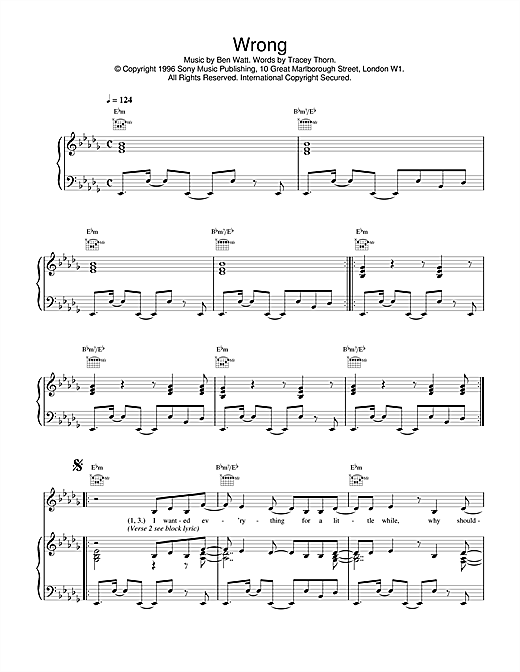 Learn to play Everything But The Girl Wrong sheet music for Piano, Vocal & Guitar (Right-Hand Melody) in minutes. Everything But The Girl Wrong sheet music notes and chords