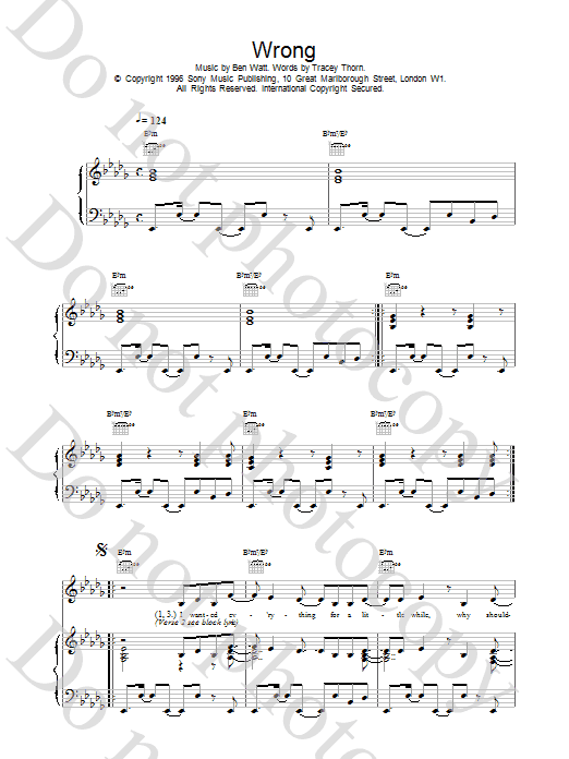Everything But The Girl Wrong sheet music preview music notes and score for Piano, Vocal & Guitar (Right-Hand Melody) including 6 page(s)