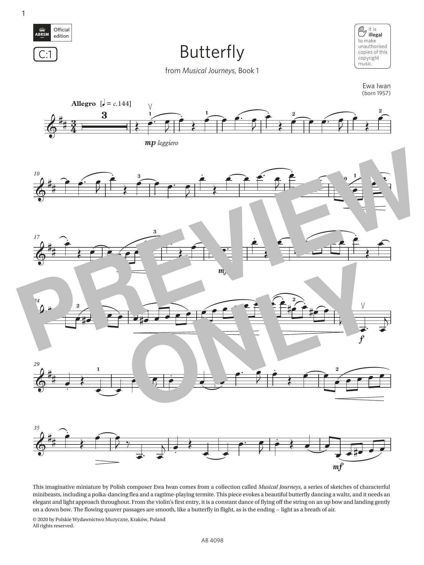 Ewa Iwan Butterfly (Grade 4, C1, from the ABRSM Violin Syllabus from 2024) sheet music, chords, lyrics - Printable PDF for Violin Solo
