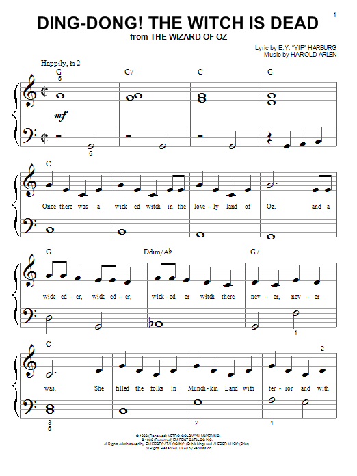 Harold Arlen Ding-Dong! The Witch Is Dead sheet music, chords, lyrics - Printable PDF for Piano (Big Notes)
