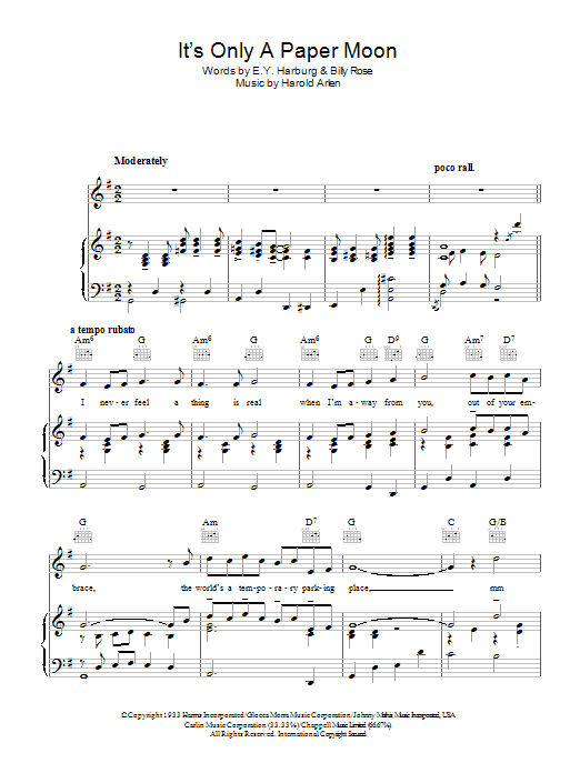 E.Y. Harburg It's Only A Paper Moon sheet music, chords, lyrics - Printable PDF for Real Book - Melody, Lyrics & Chords - C Instruments