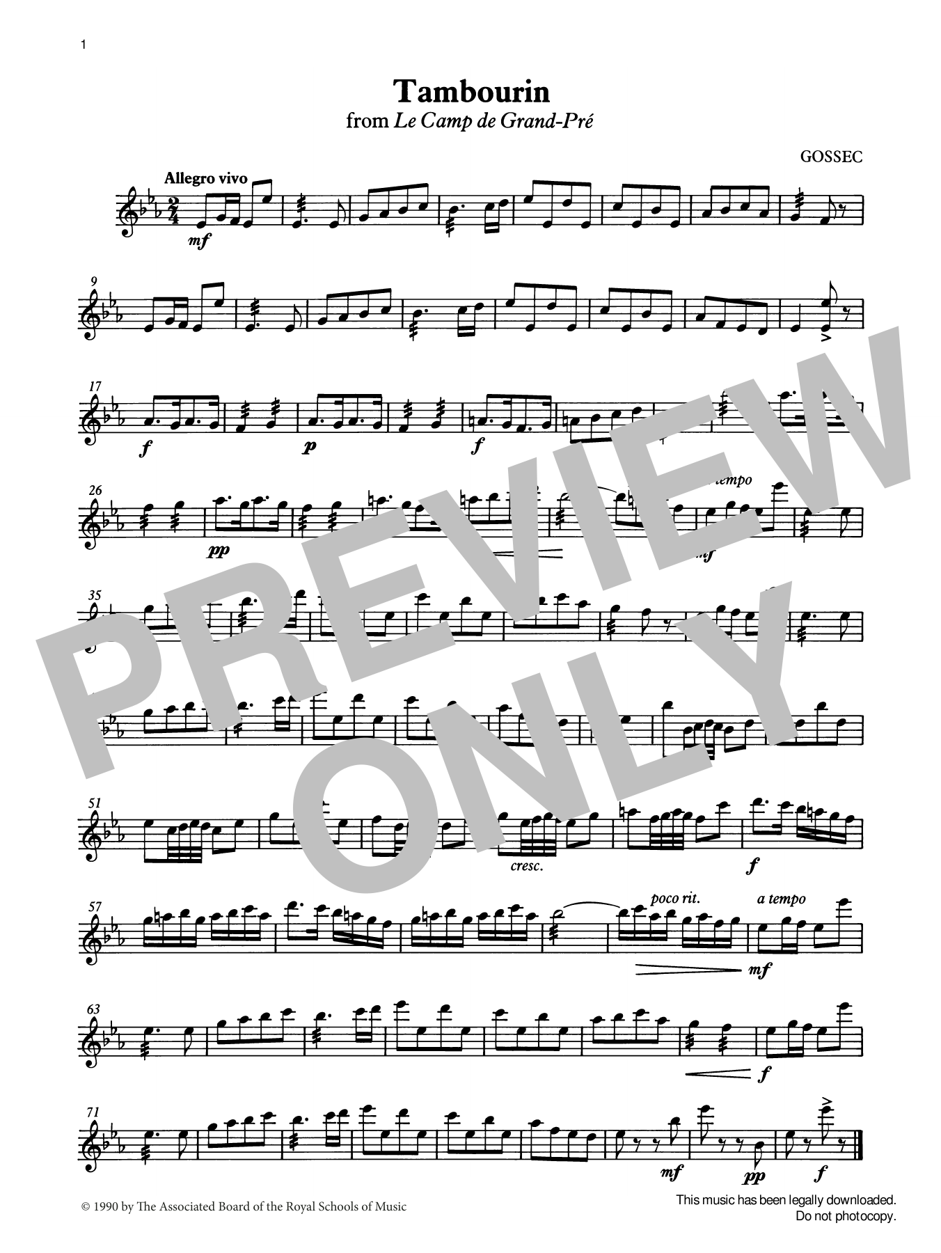 F. J. Gossec Tambourin from Graded Music for Tuned Percussion, Book III sheet music, chords, lyrics - Printable PDF for Percussion Solo