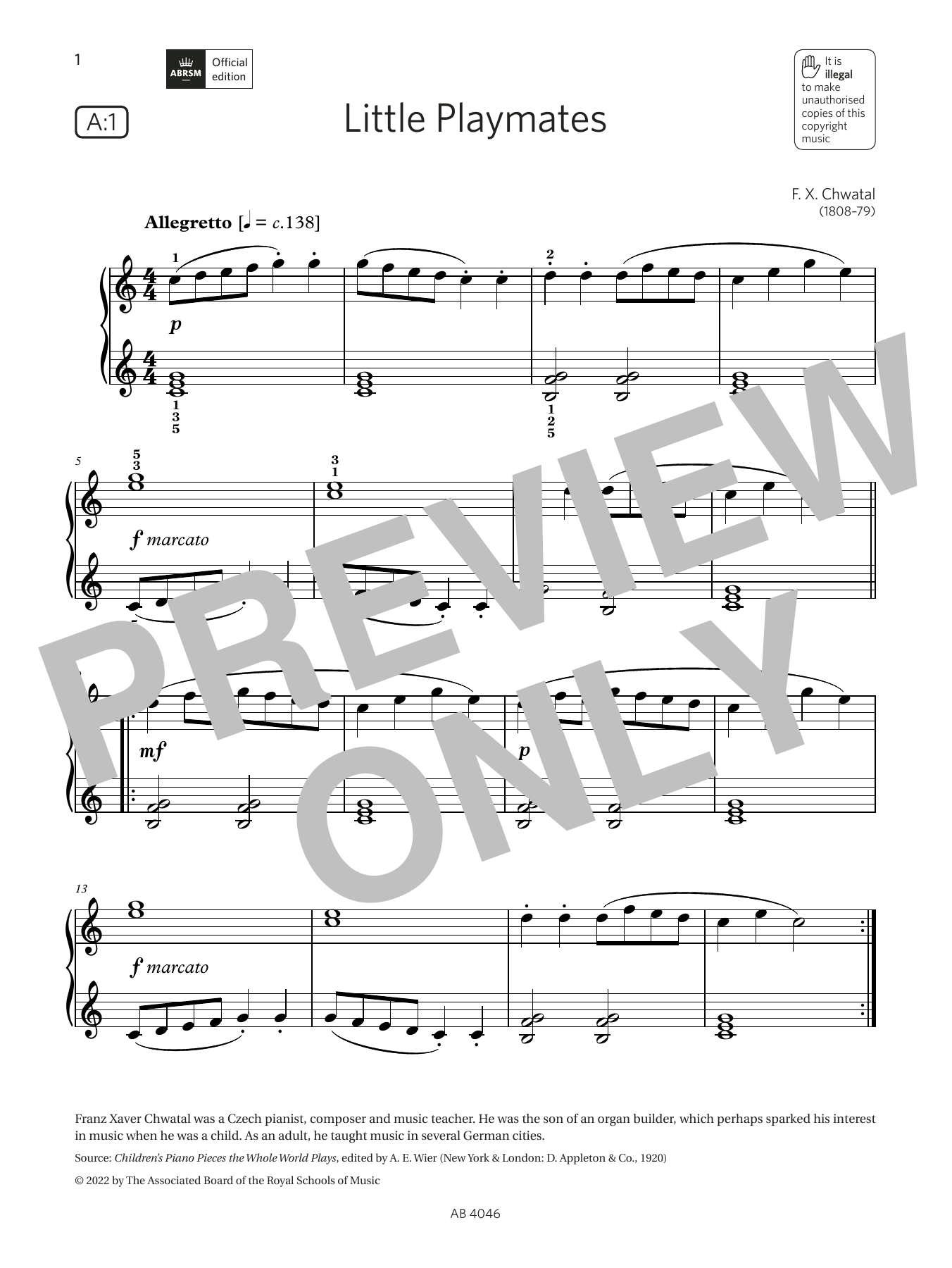 F X Chwatal Little Playmates (Grade Initial, list A1, from the ABRSM Piano Syllabus 2023 & 2024) sheet music, chords, lyrics - Printable PDF for Piano Solo