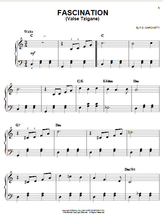 Learn to play F.D. Marchetti Fascination (Valse Tzigane) sheet music for Easy Piano in minutes. F.D. Marchetti Fascination (Valse Tzigane) sheet music preview music notes and score for Easy Piano including 2 page(s)