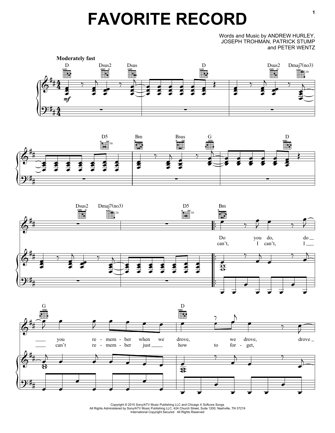 Fall Out Boy Favorite Record sheet music, chords, lyrics - Printable PDF for Piano, Vocal & Guitar (Right-Hand Melody)