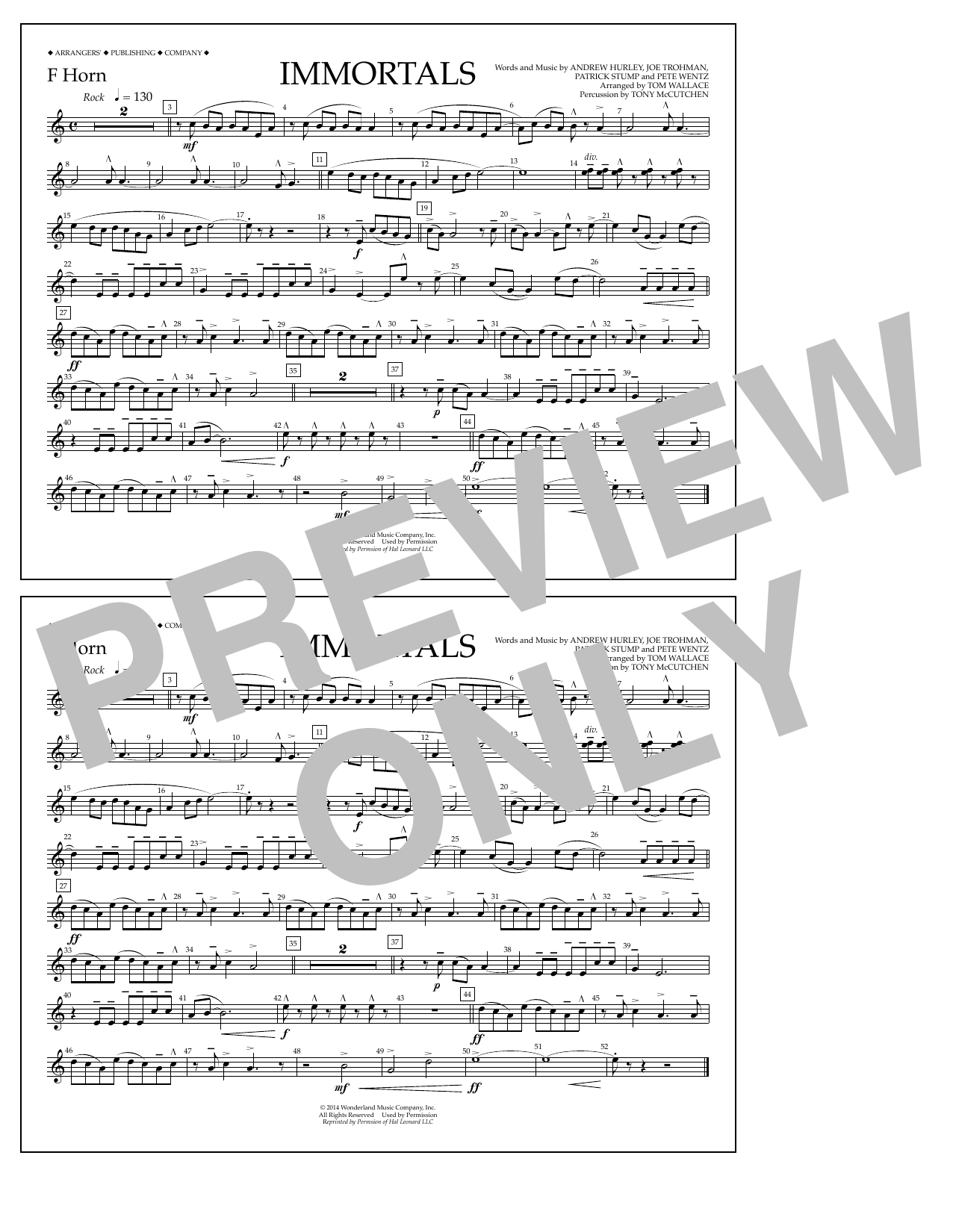 Fall Out Boy Immortals (from Big Hero 6) (arr. Tom Wallace) - F Horn sheet music, chords, lyrics - Printable PDF for Marching Band