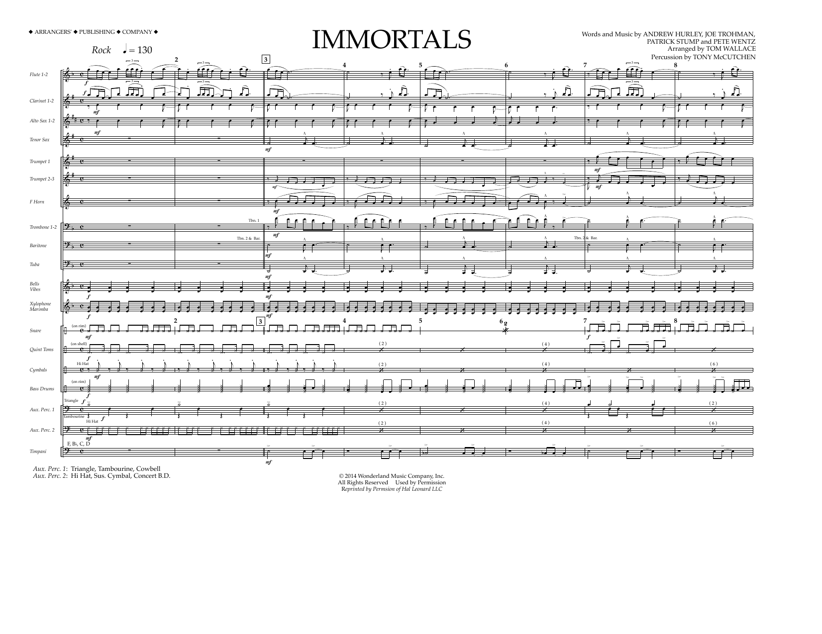 Fall Out Boy Immortals (from Big Hero 6) (arr. Tom Wallace) - Full Score sheet music, chords, lyrics - Printable PDF for Marching Band