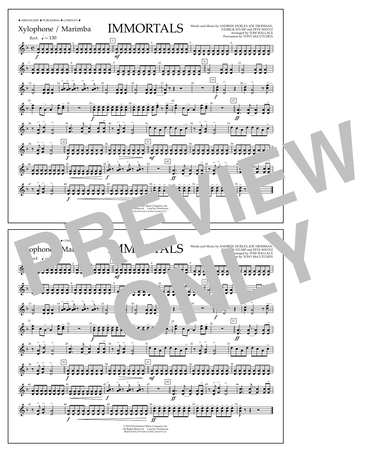 Fall Out Boy Immortals (from Big Hero 6) (arr. Tom Wallace) - Xylophone/Marimba sheet music, chords, lyrics - Printable PDF for Marching Band