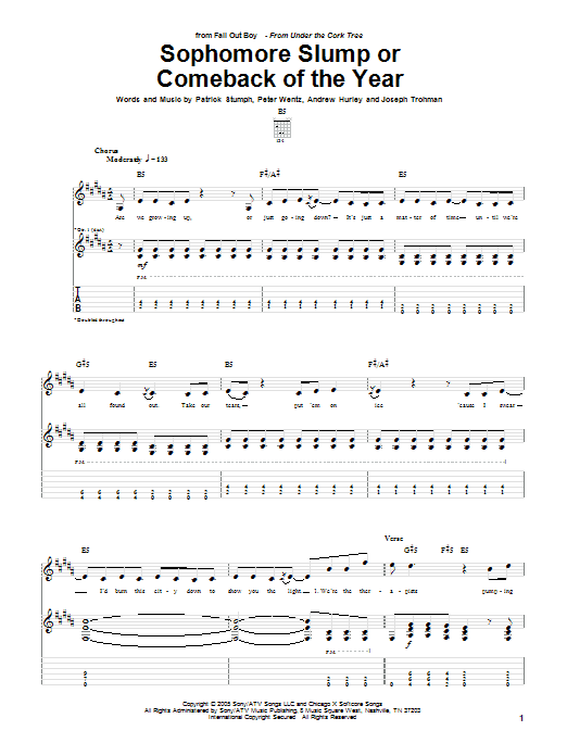 Fall Out Boy Sophomore Slump Or Comeback Of The Year sheet music, chords, lyrics - Printable PDF for Guitar Tab