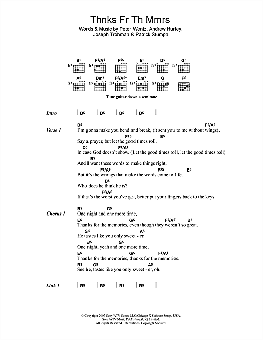 Learn to play Fall Out Boy Thnks Fr Th Mmrs sheet music for Piano, Vocal & Guitar (Right-Hand Melody) in minutes. Fall Out Boy Thnks Fr Th Mmrs sheet music preview music notes and score for Piano, Vocal & Guitar (Right-Hand Melody) including 9 page(s)