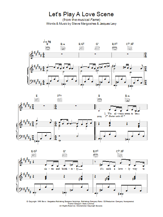 Learn to play Steve Margoshes Let's Play A Love Scene (from Fame) sheet music for Piano, Vocal & Guitar in minutes. Steve Margoshes Let's Play A Love Scene (from Fame) sheet music preview music notes and score for Piano, Vocal & Guitar including 4 page(s)