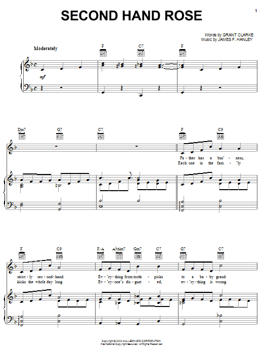 Learn to play Fannie Brice Second Hand Rose sheet music for Piano, Vocal & Guitar (Right-Hand Melody) in minutes. Fannie Brice Second Hand Rose sheet music preview music notes and score for Piano, Vocal & Guitar (Right-Hand Melody) including 5 page(s)