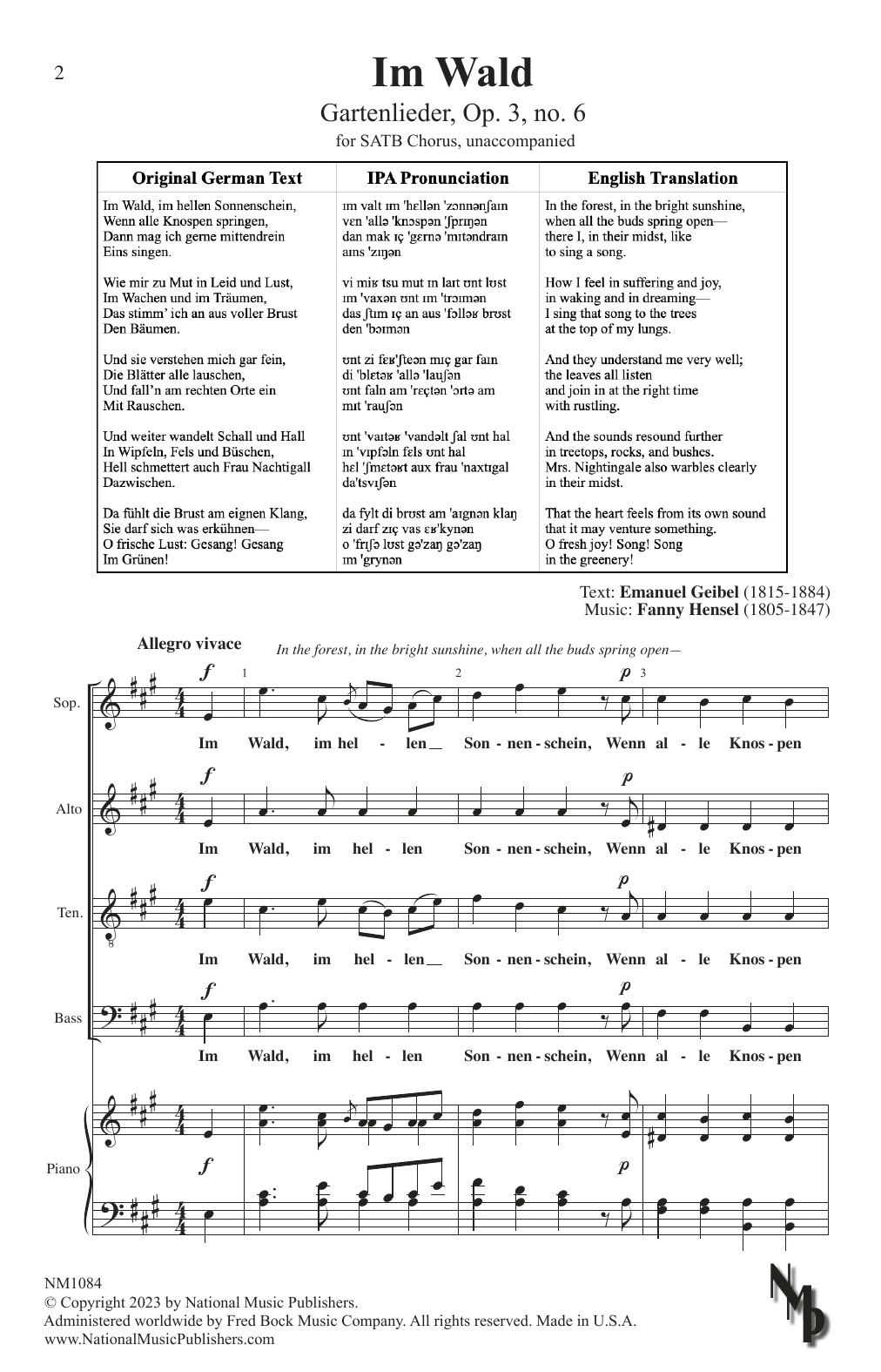 Fanny Hensel Im Wald (Gartenlieder, Op. 3, no. 6) sheet music, chords, lyrics - Printable PDF for SATB Choir