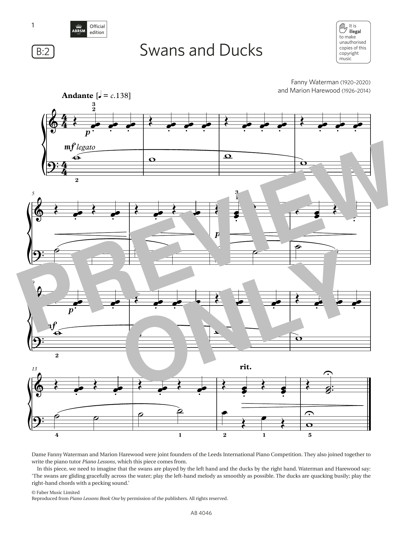 Fanny Waterman & Marion Harewood Swans and Ducks (Grade Initial, list B2, from the ABRSM Piano Syllabus 2023 & 2024) sheet music, chords, lyrics - Printable PDF for Piano Solo