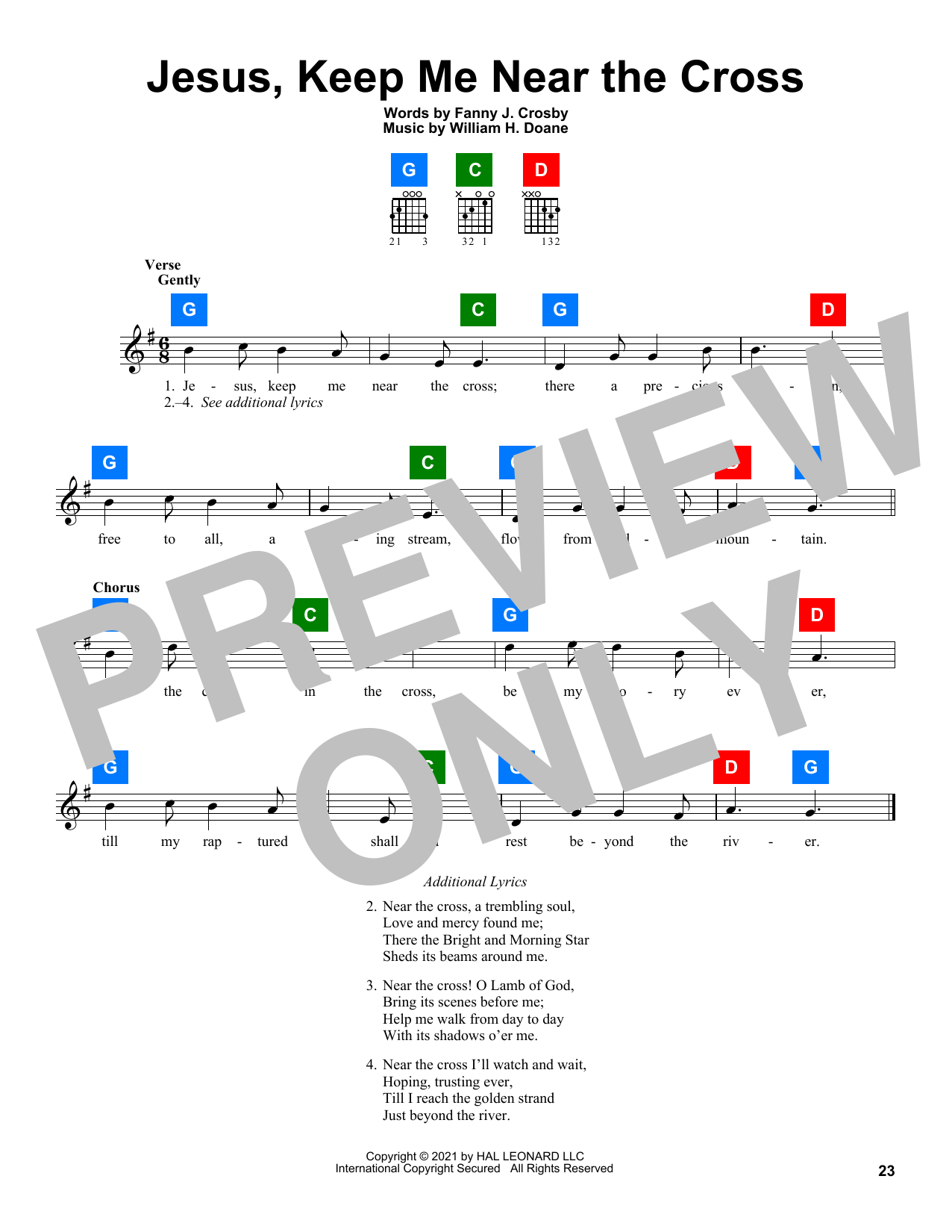 Fanny J. Crosby Jesus, Keep Me Near The Cross sheet music preview music notes and score for Piano, Vocal & Guitar (Right-Hand Melody) including 2 page(s)