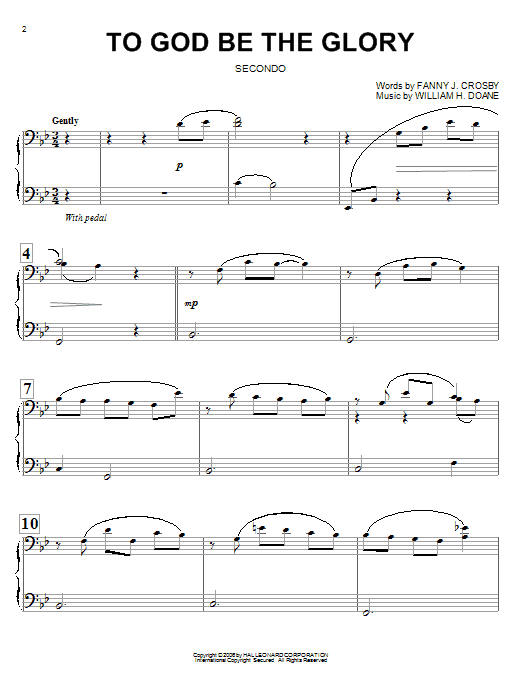 Learn to play Fanny J. Crosby To God Be The Glory sheet music for Piano Duet in minutes. Fanny J. Crosby To God Be The Glory sheet music preview music notes and score for Piano Duet including 6 page(s)