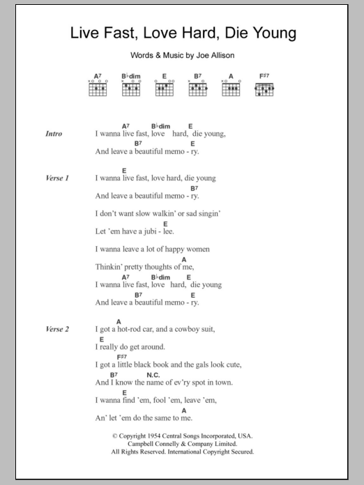 Faron Young Live Fast, Love Hard, Die Young sheet music, chords, lyrics - Printable PDF for Lyrics & Chords