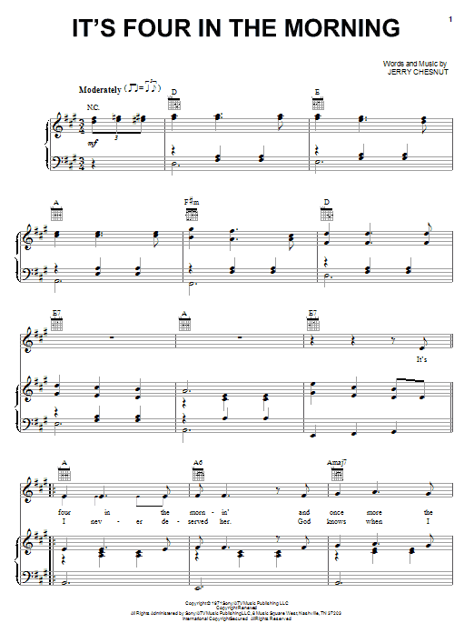 Learn to play Faron Young It's Four In The Morning sheet music for Piano, Vocal & Guitar (Right-Hand Melody) in minutes. Faron Young It's Four In The Morning sheet music notes and chords