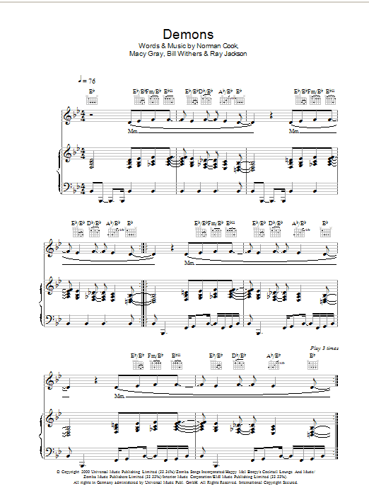Fat Boy Slim Demons sheet music preview music notes and score for Piano, Vocal & Guitar (Right-Hand Melody) including 8 page(s)