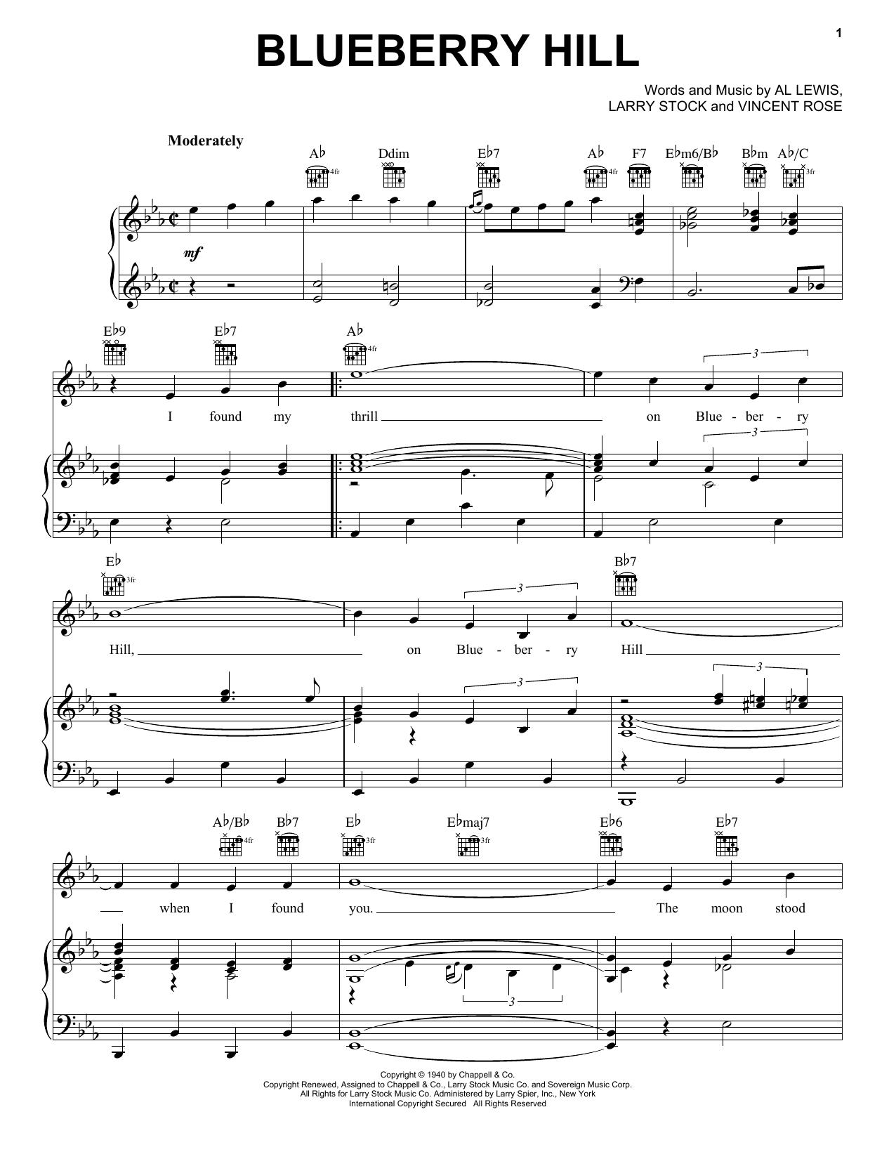 Download Fats Domino Blueberry Hill sheet music notes and chords for Piano, Vocal & Guitar (Right-Hand Melody) - Download Printable PDF and start playing in minutes.