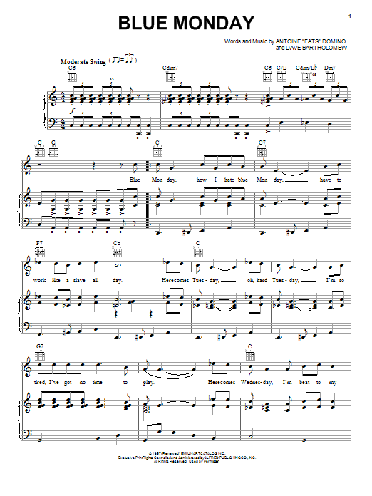 Learn to play Fats Domino Blue Monday sheet music for Piano, Vocal & Guitar (Right-Hand Melody) in minutes. Fats Domino Blue Monday sheet music notes and chords