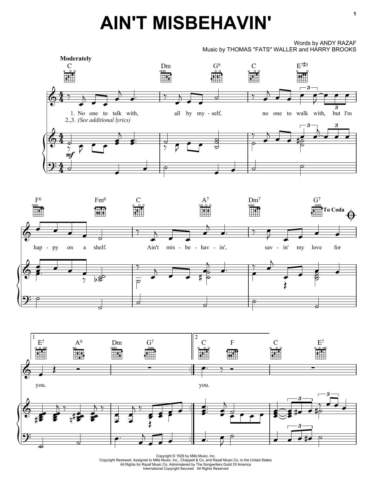 Learn to play Fats Waller Ain't Misbehavin' sheet music for Piano, Vocal & Guitar (Right-Hand Melody) in minutes. Fats Waller Ain't Misbehavin' sheet music notes and chords