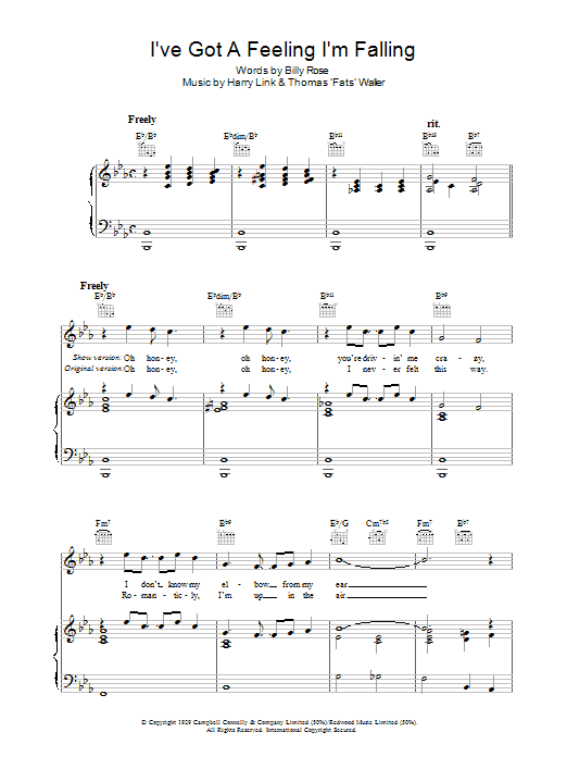 Fats Waller I've Got A Feeling I'm Falling sheet music preview music notes and score for Piano, Vocal & Guitar (Right-Hand Melody) including 5 page(s)