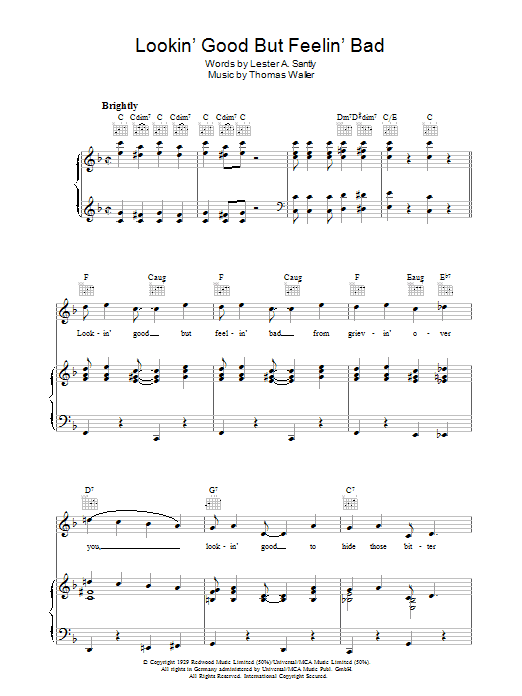 Learn to play Fats Waller Lookin' Good But Feelin' Bad sheet music for Piano, Vocal & Guitar (Right-Hand Melody) in minutes. Fats Waller Lookin' Good But Feelin' Bad sheet music preview music notes and score for Piano, Vocal & Guitar (Right-Hand Melody) including 4 page(s)