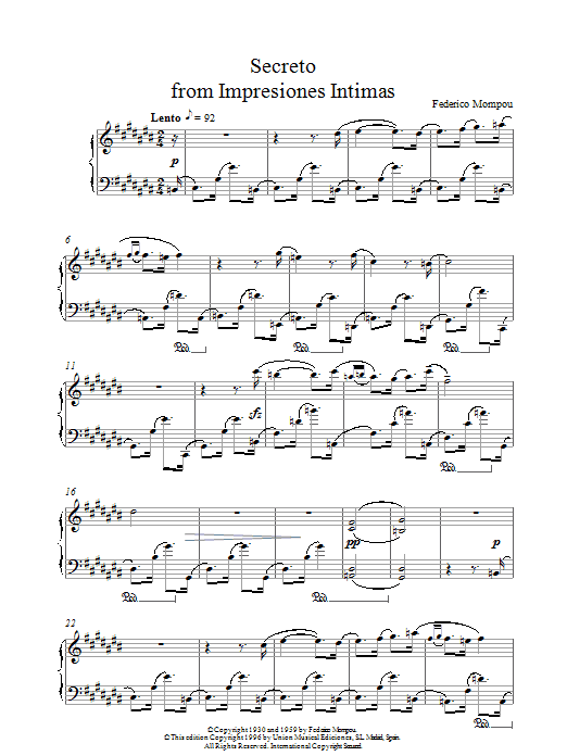 Mompou Secreto From Impresiones Intimas sheet music preview music notes and score for Piano including 6 page(s)