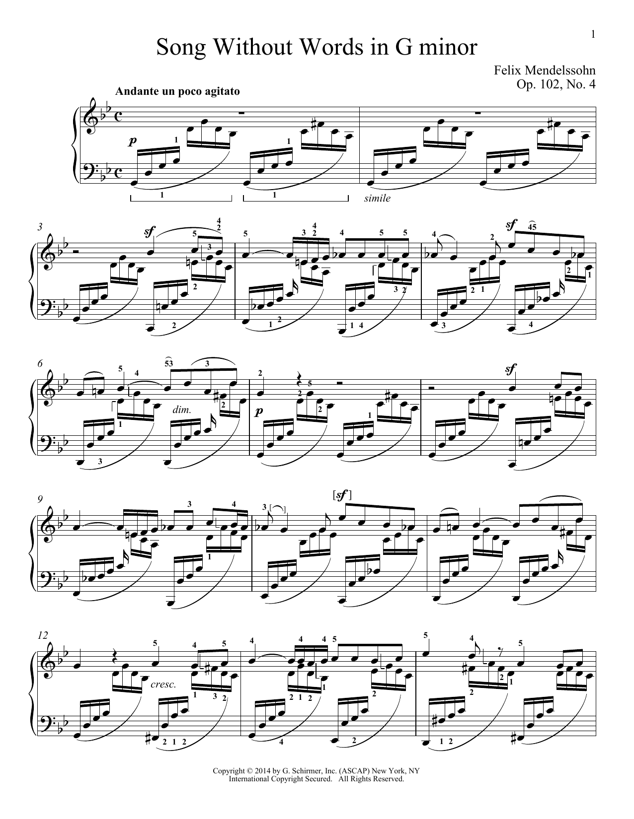 Felix Mendelssohn Song Without Words In G Minor, Op. 102, No. 4 sheet music, chords, lyrics - Printable PDF for Piano